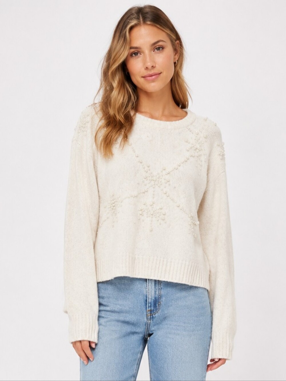 Truth Elegant Cream Pearl-Embellished Sweater